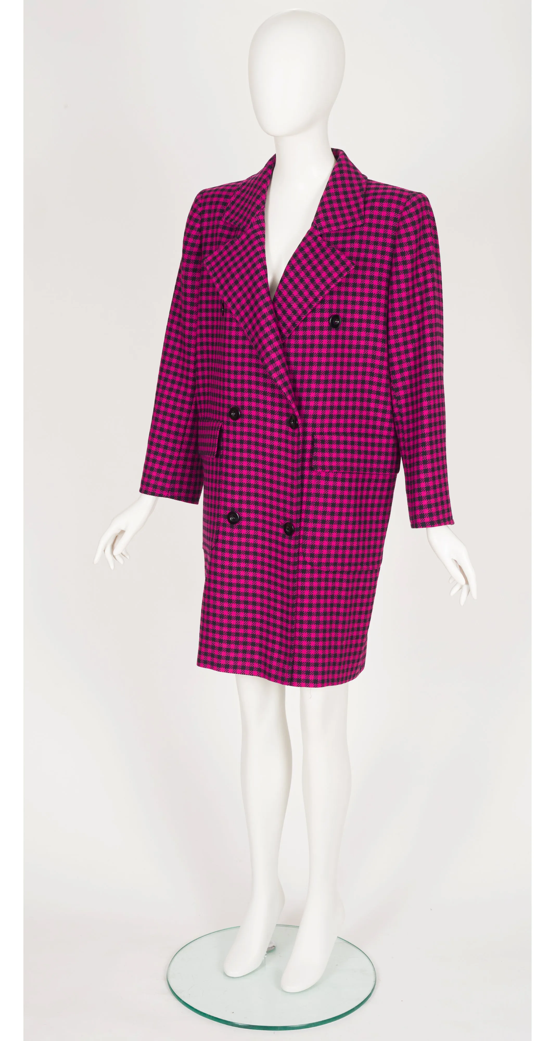 1980s Magenta & Black Plaid Wool Double-Breasted Coat