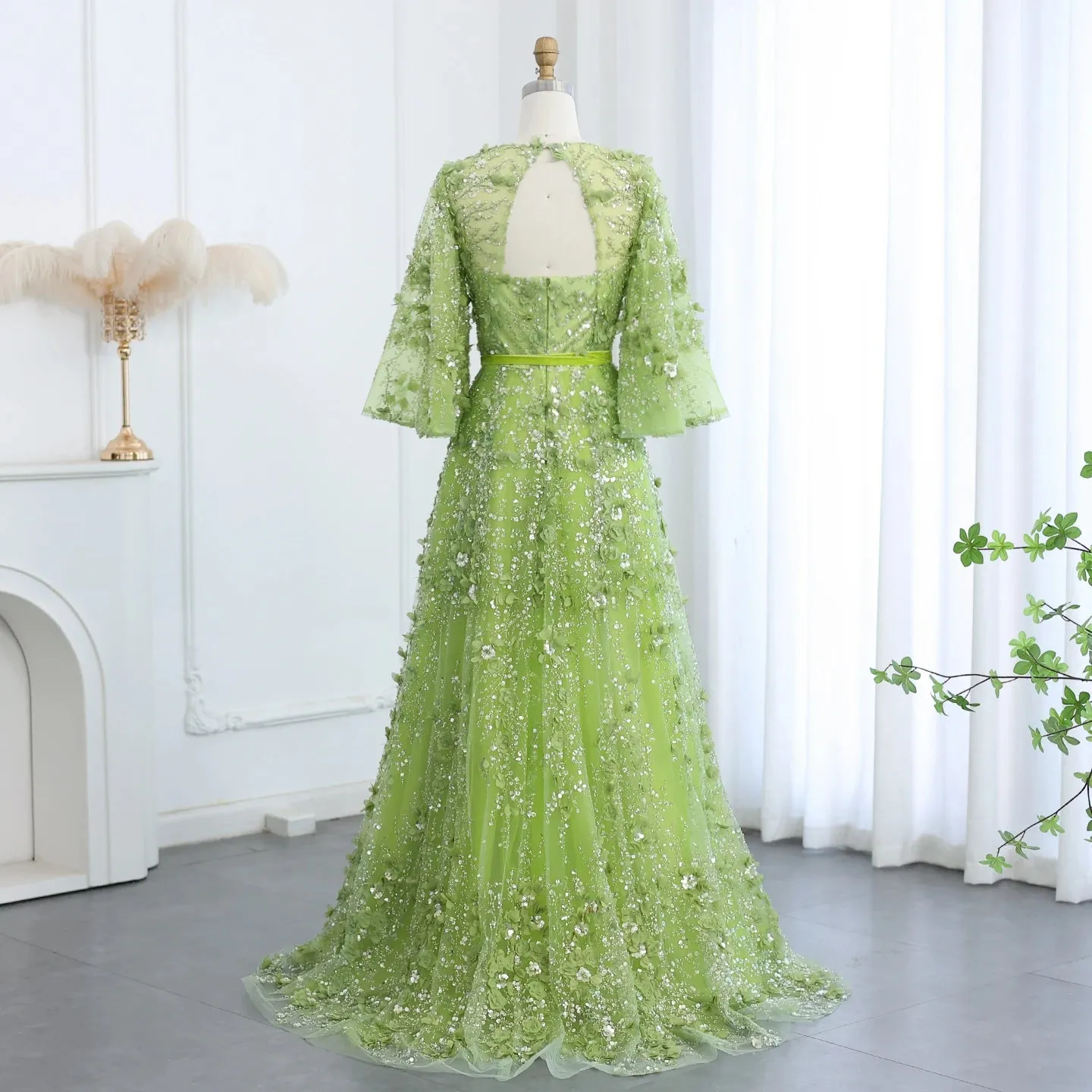 3D Floral Evening Gown with Plunging V-Neck