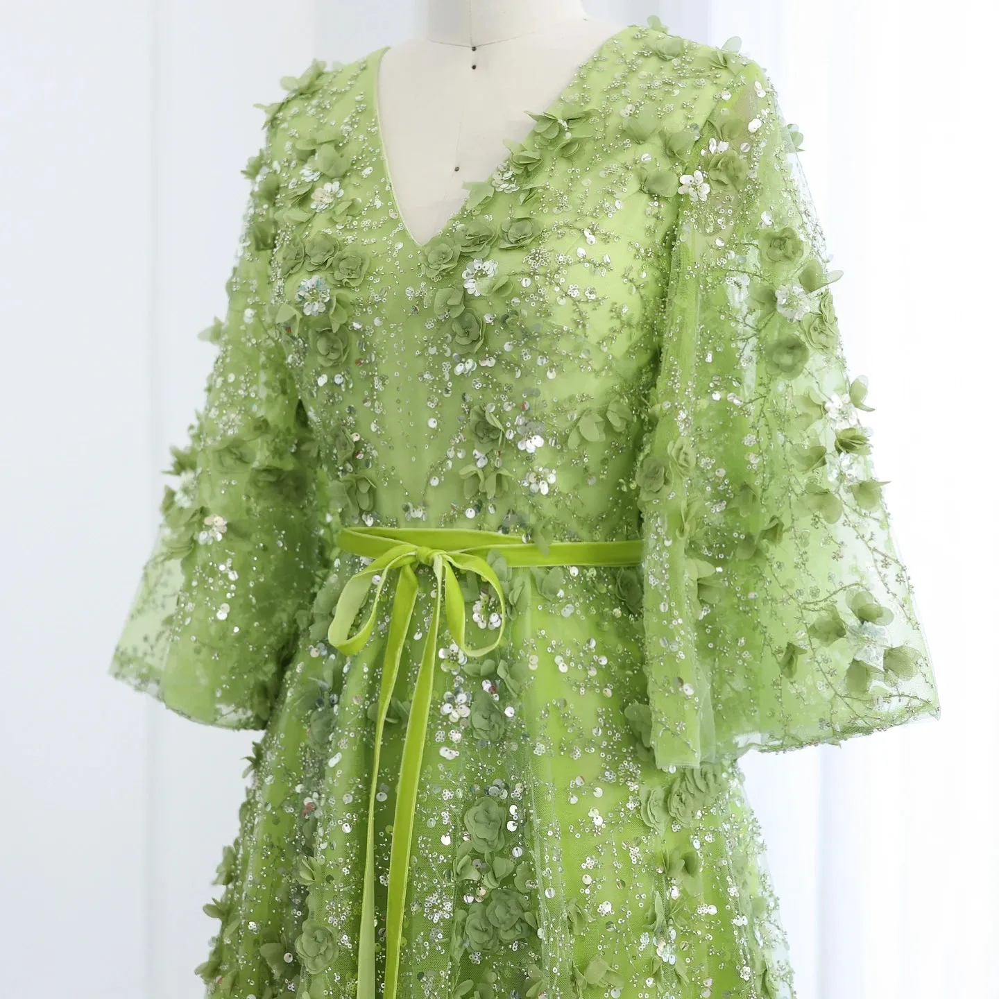 3D Floral Evening Gown with Plunging V-Neck
