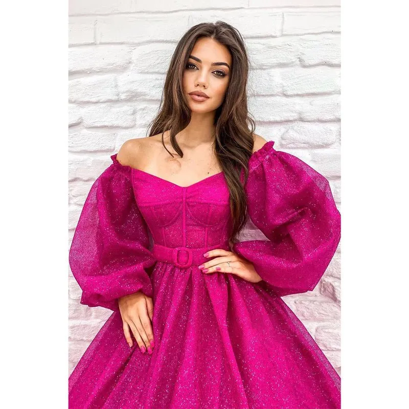 A-line Scoop Long Sleeves Fuchsia Sparkly Prom Dress with Pockets