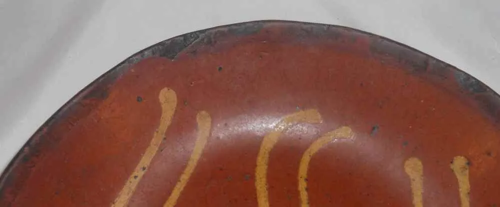 Antique Brown Colored Redware Glazed and Slip Decorated Deep Dish SE PA