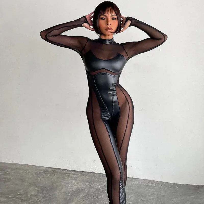 Black Sheer Peek-A-Boo Turtleneck Long Sleeve Jumpsuit