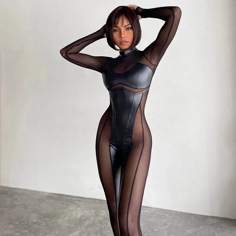 Black Sheer Peek-A-Boo Turtleneck Long Sleeve Jumpsuit