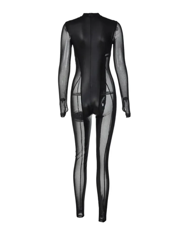 Black Sheer Peek-A-Boo Turtleneck Long Sleeve Jumpsuit