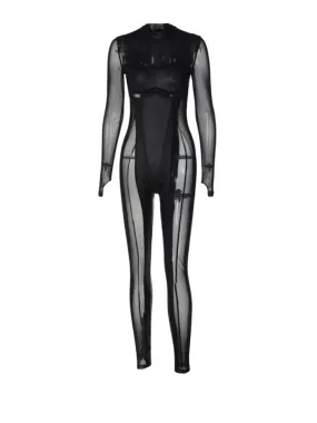 Black Sheer Peek-A-Boo Turtleneck Long Sleeve Jumpsuit