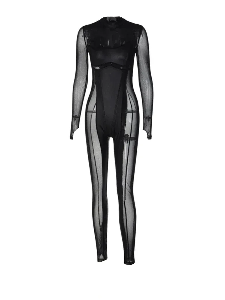 Black Sheer Peek-A-Boo Turtleneck Long Sleeve Jumpsuit