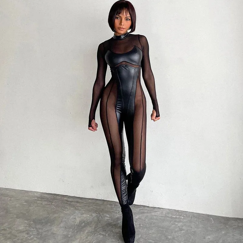 Black Sheer Peek-A-Boo Turtleneck Long Sleeve Jumpsuit
