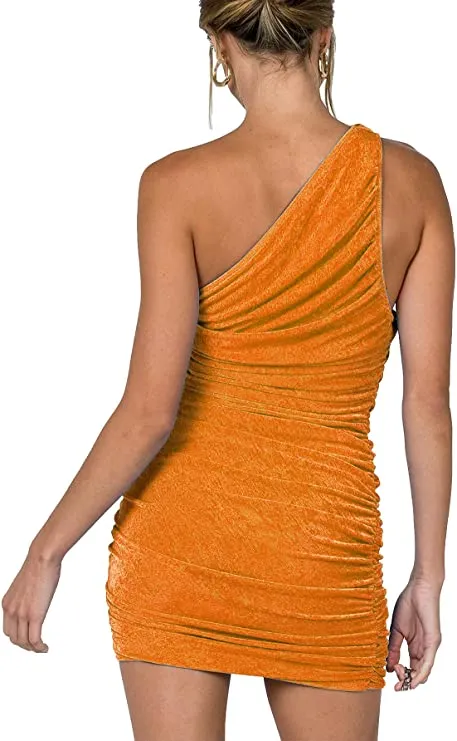 Black Women's Sexy One Shoulder Ruched Sleeveless Bodycon Mini Short Dress - Lyaner