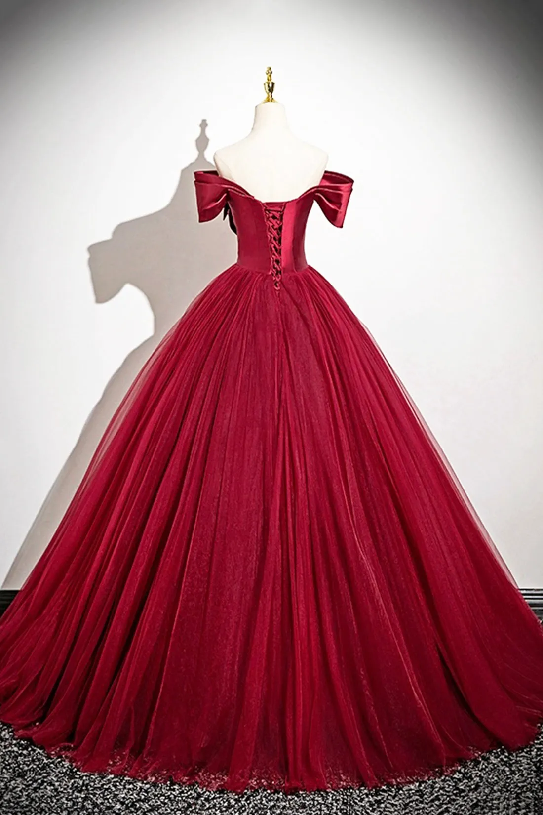 Burgundy Satin and Tulle Long Prom Dress, A-Line Off the Shoulder Party Dress