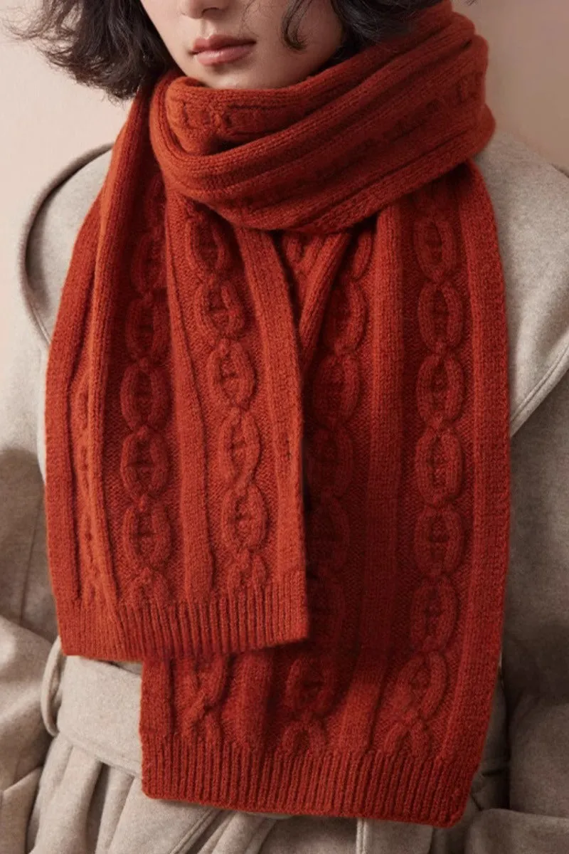 Chunky Cable Knit Merino Wool Scarf with Ribbed Trim