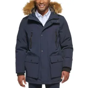 Club Room Mens Regular fit Parka Coat Medium Blue Solid Faux Fur Trim