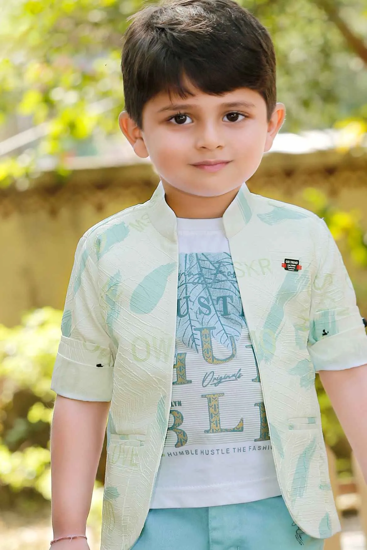 Cream Overcoat With White T shirt And Pant Set For Boys