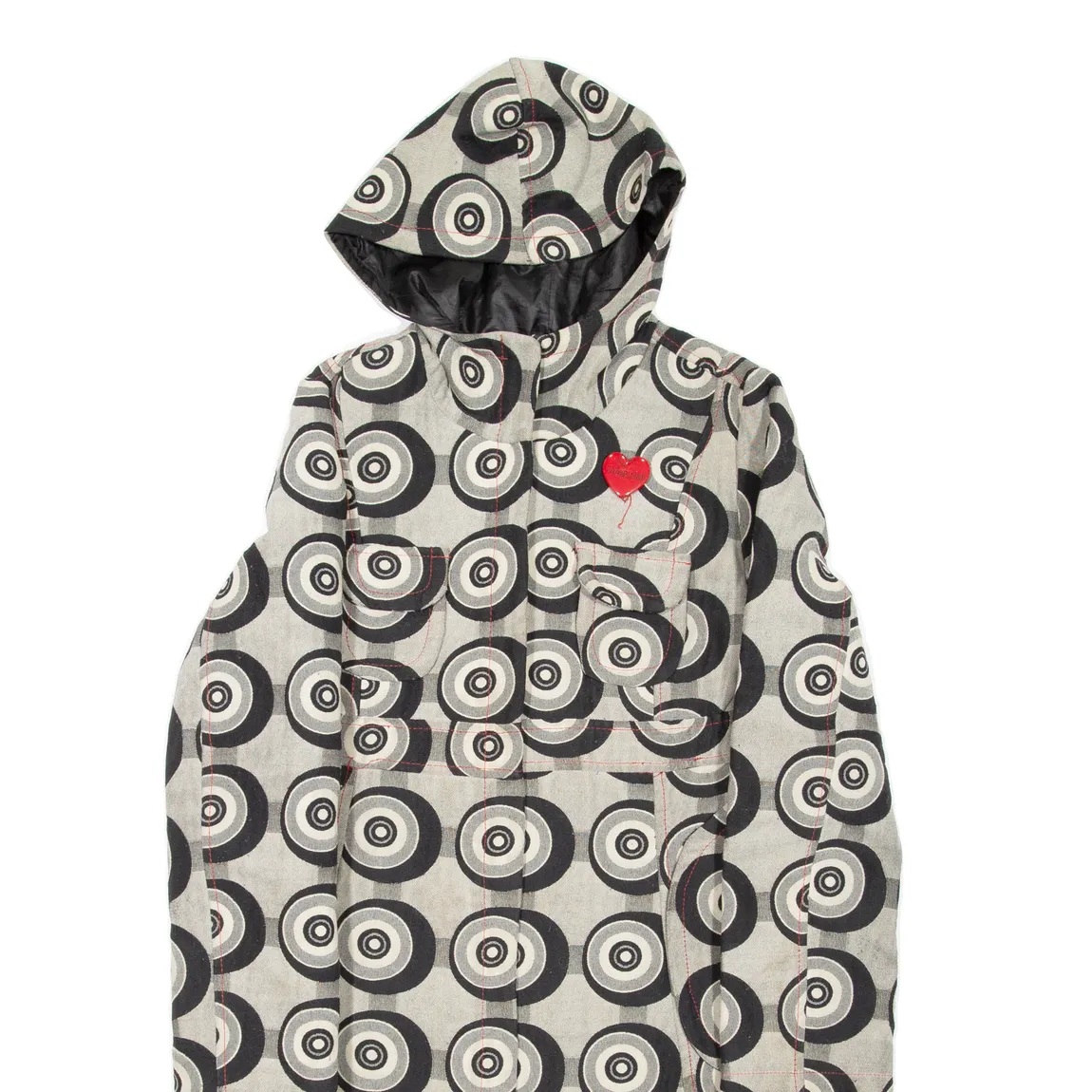 DESIGUAL Womens Overcoat Coat Grey Hooded Crazy Pattern L