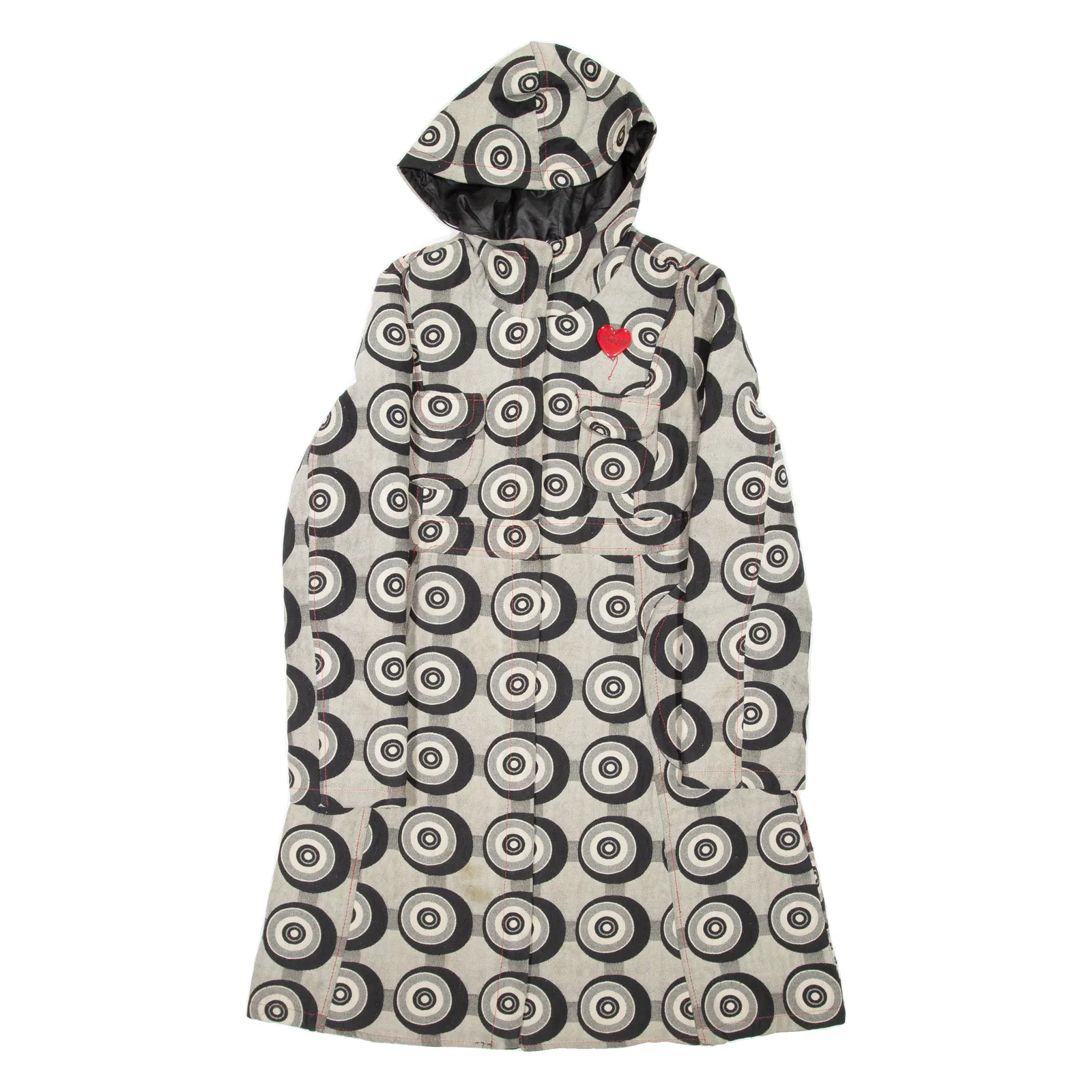 DESIGUAL Womens Overcoat Coat Grey Hooded Crazy Pattern L