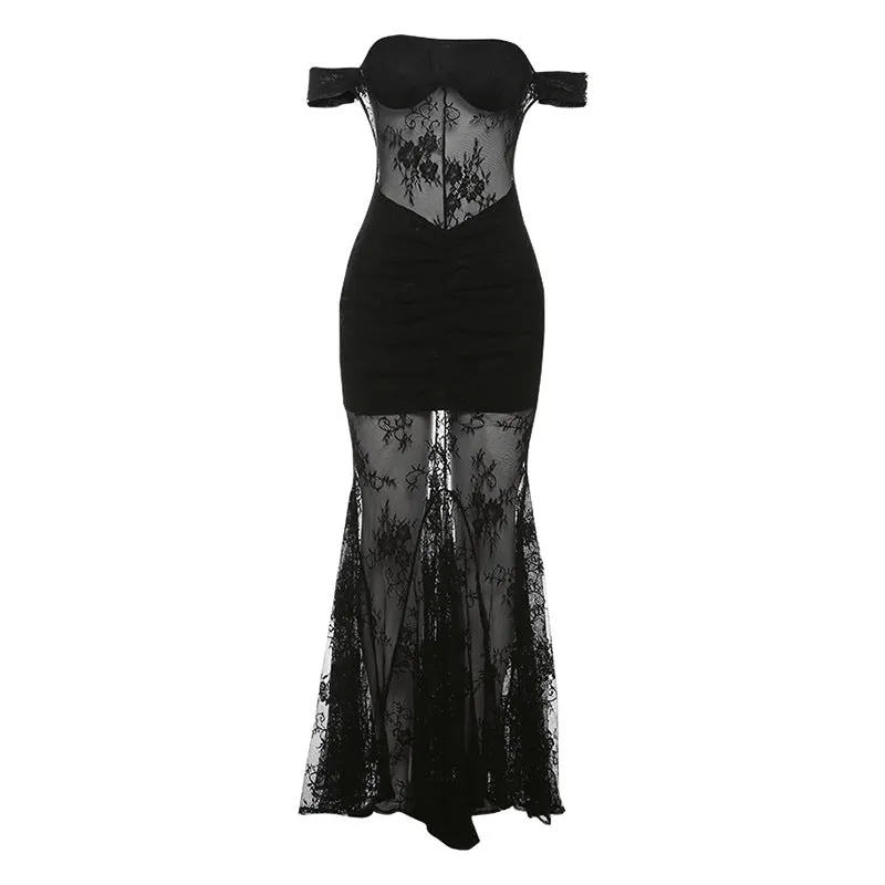 Elegant Sexy Lace See through off Shoulder Slim Dress