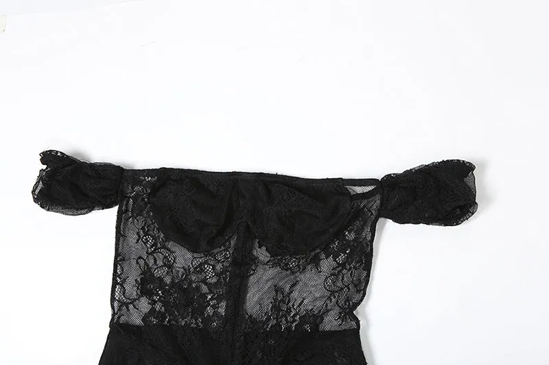 Elegant Sexy Lace See through off Shoulder Slim Dress