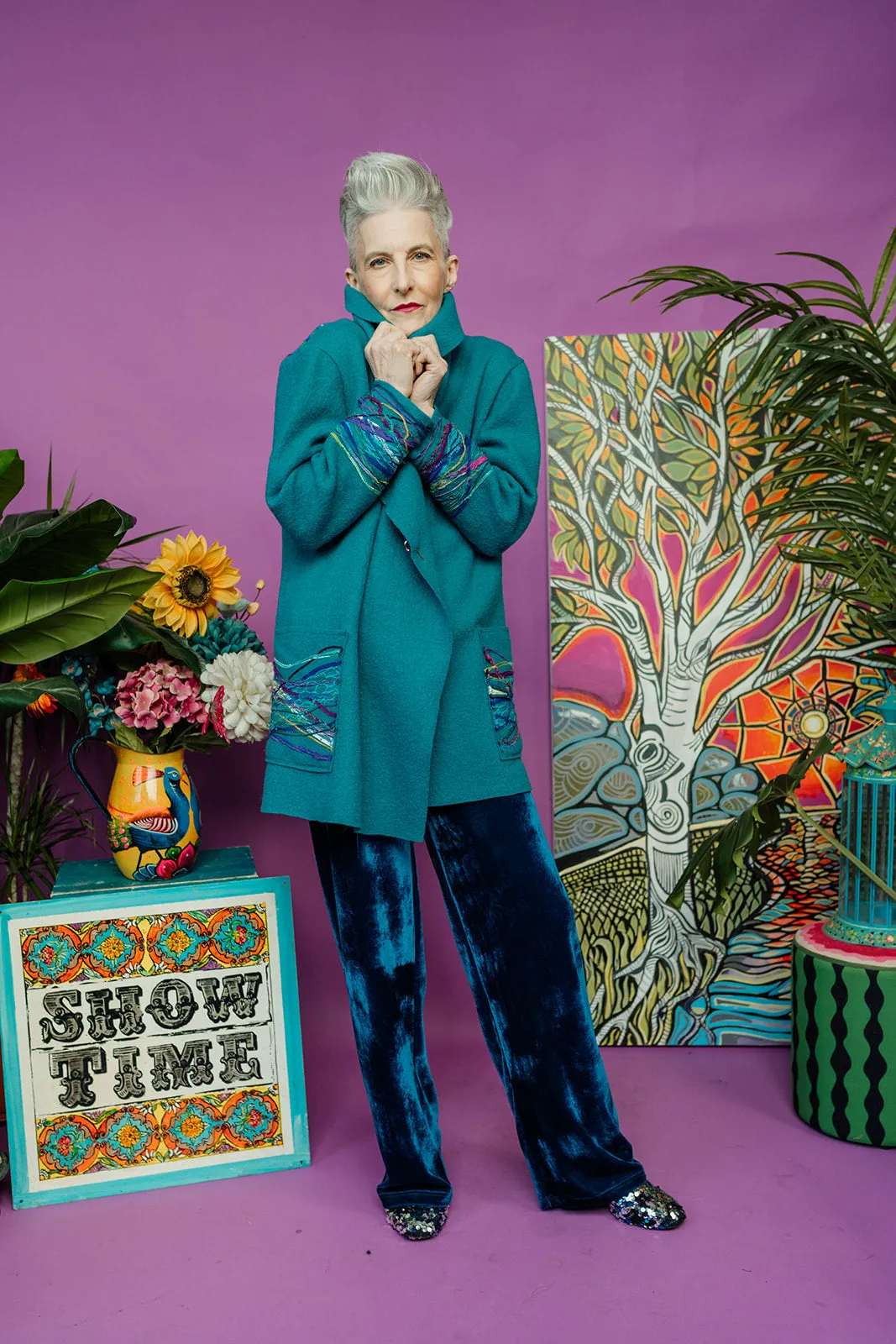 Embellished Short Wool Coat in Teal