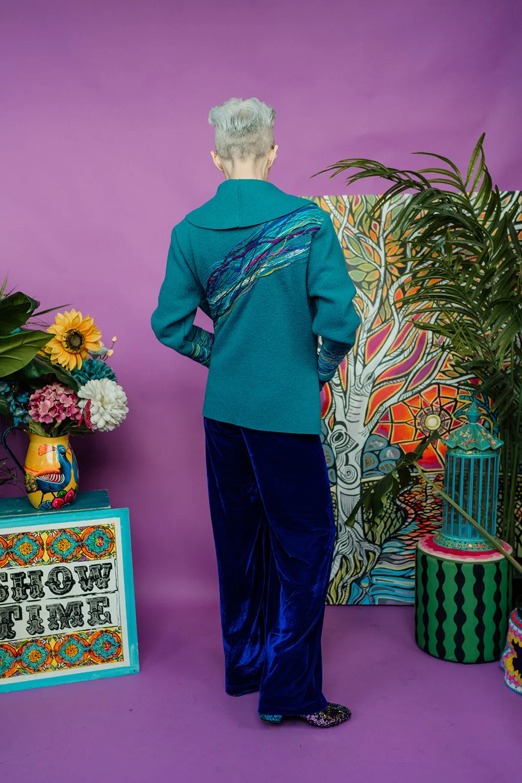 Embellished Short Wool Coat in Teal