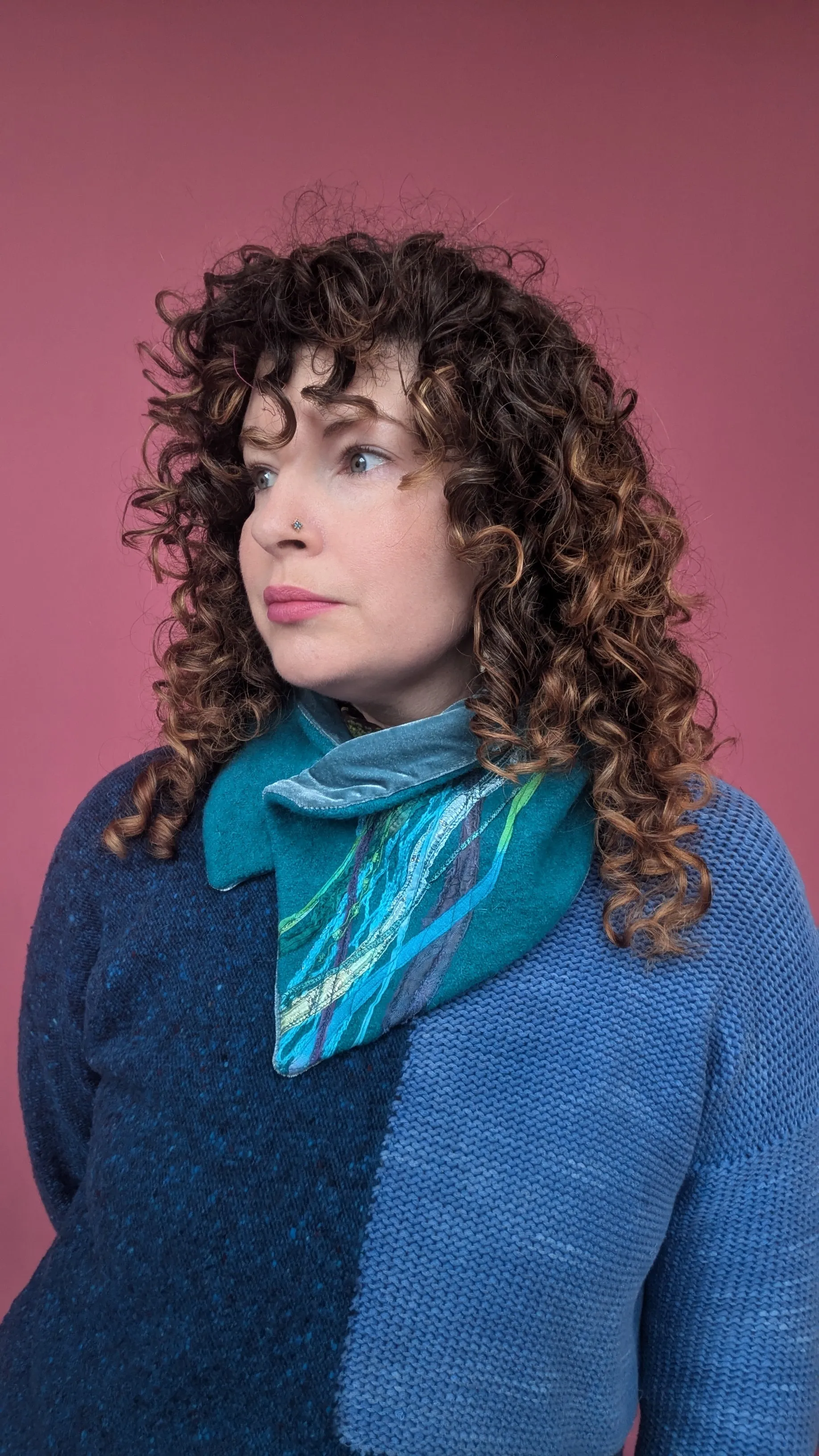 Embellished Wool & Velvet Neck Wrap in Teal
