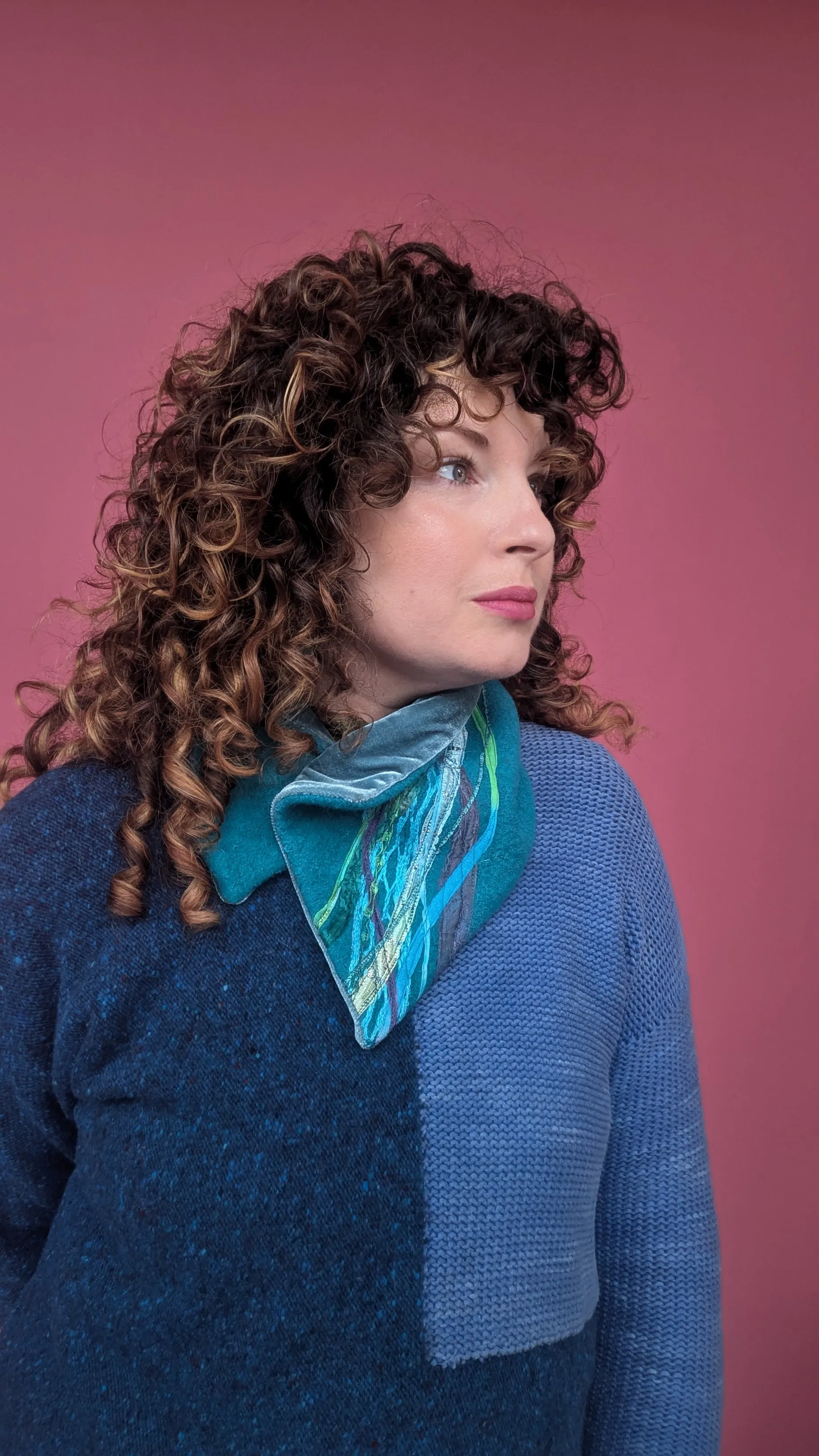 Embellished Wool & Velvet Neck Wrap in Teal