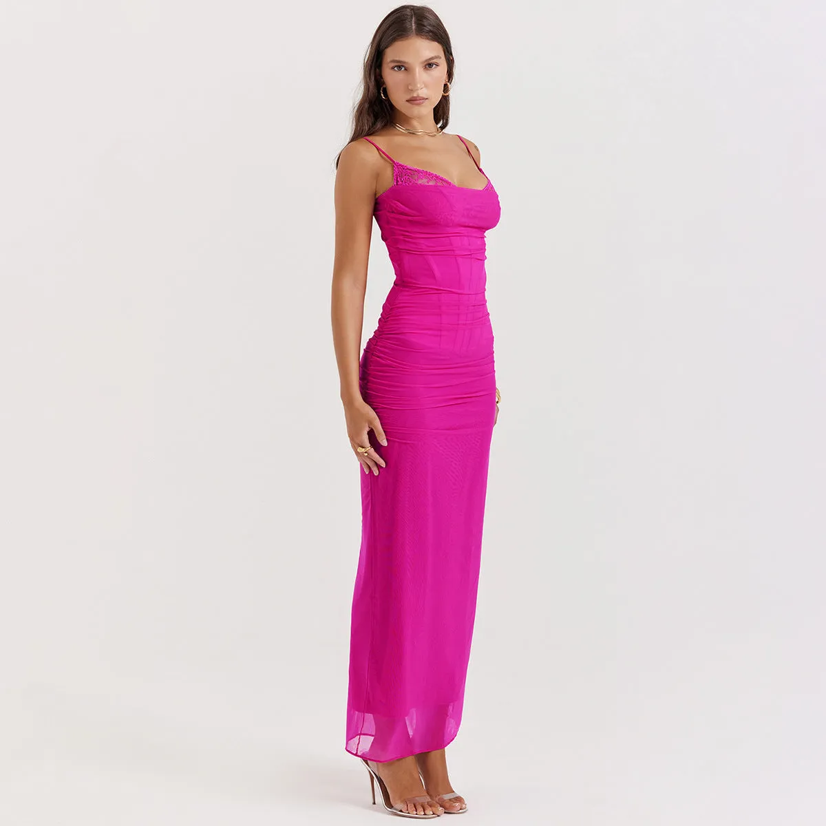 Erika Lace Mesh Sexy Spaghetti Strap Maxi Dress