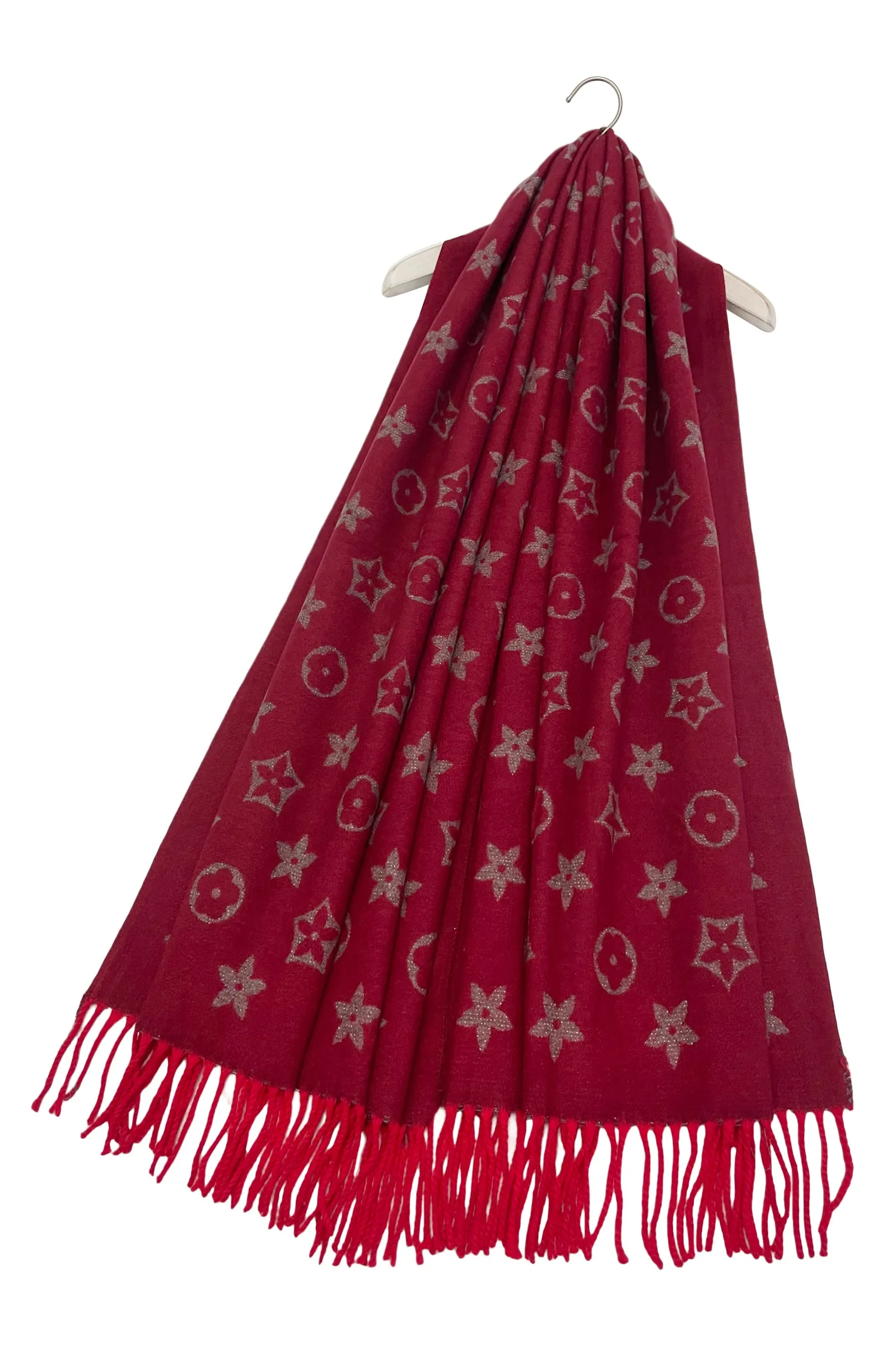 Floral Reversible Metallic Thread Tassel Scarf