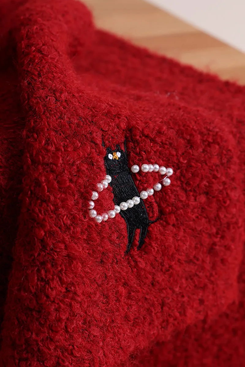 Fluffy Handmade Wool Blend Boucle Knitted Scarf with Cute Cat