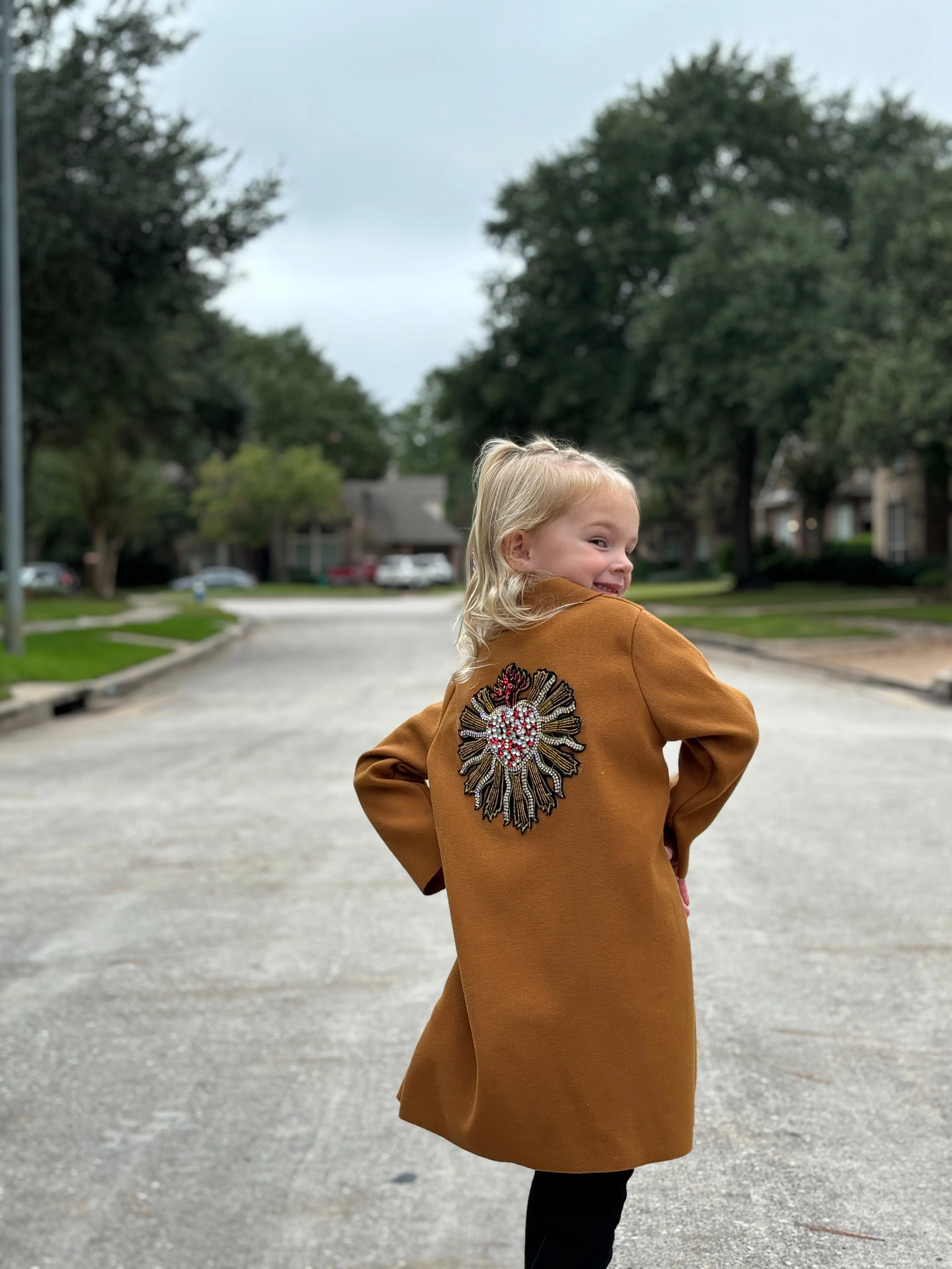 Kids Rhinestone Heart Jacket - Camel