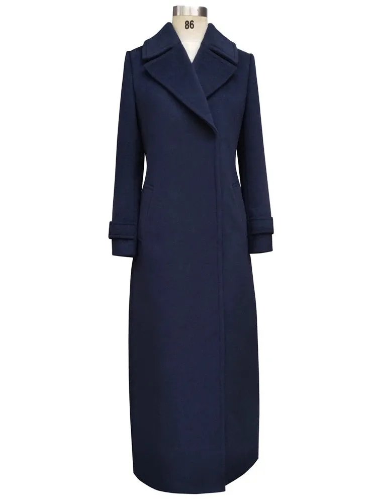 Lapel Slim Fit Covered Button Full Sleeve High Waist Woollen Maxi Overcoat