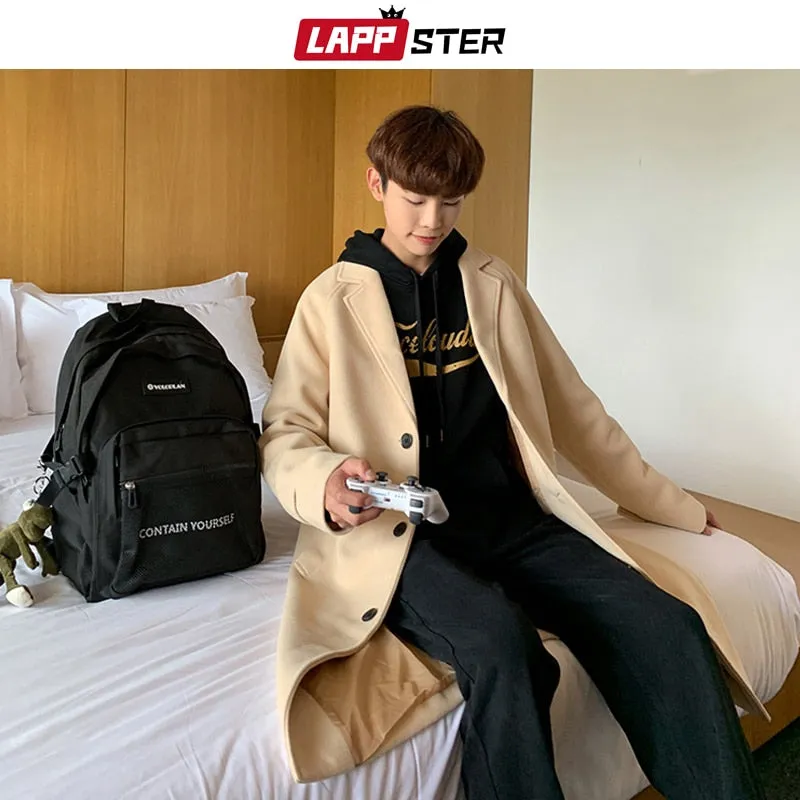 LAPPSTER Men Korean Fashion Winter Jacket Coats 2023 Wool Coat Mens Oversized Harajuku Overcoat Male Japanese Streetwear Jackets