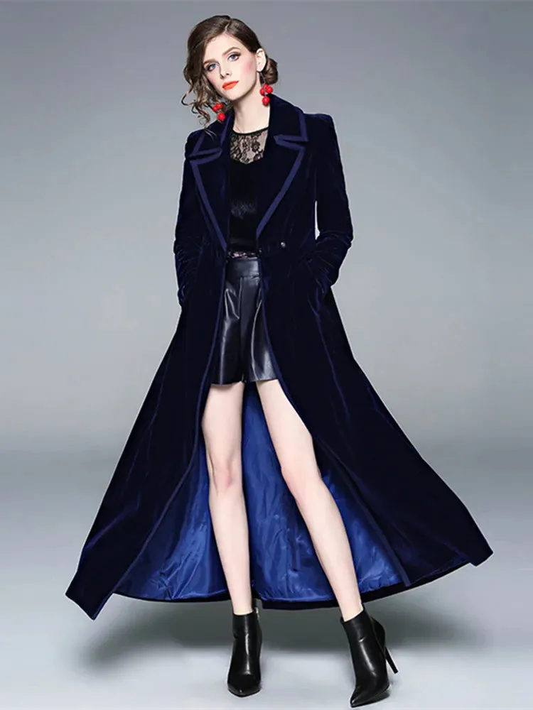 LVSANW JAMERARY Winter Runway Velvet Maxi Coat Women Vintage Notched Collar Wrap Black Thick Warm Long Trench Coat Outwear