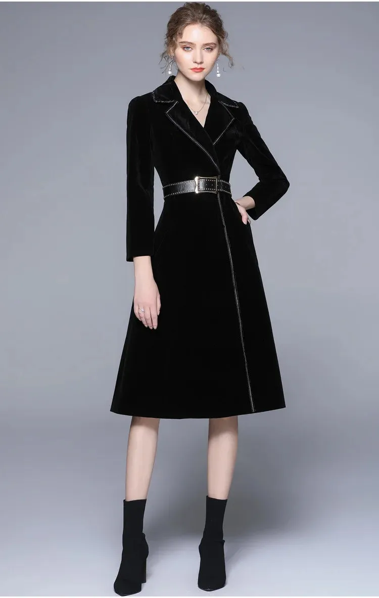LVSANW JAMERARY Winter Runway Velvet Maxi Coat Women Vintage Notched Collar Wrap Black Thick Warm Long Trench Coat Outwear