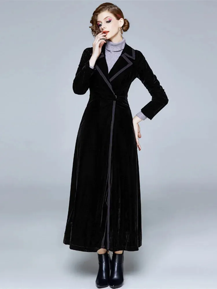 LVSANW JAMERARY Winter Runway Velvet Maxi Coat Women Vintage Notched Collar Wrap Black Thick Warm Long Trench Coat Outwear