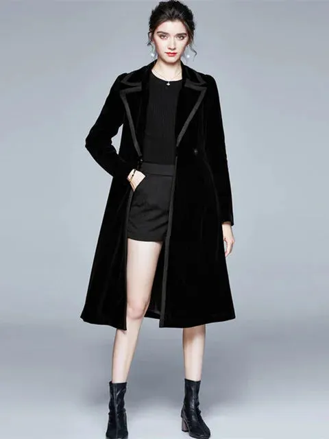 LVSANW JAMERARY Winter Runway Velvet Maxi Coat Women Vintage Notched Collar Wrap Black Thick Warm Long Trench Coat Outwear