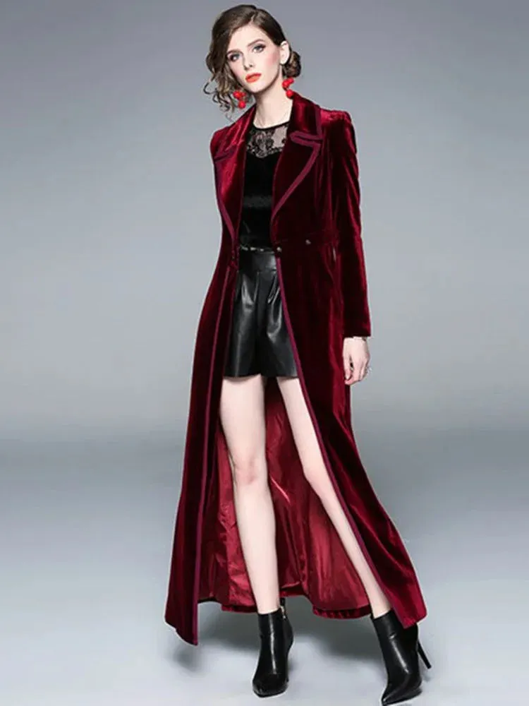 LVSANW JAMERARY Winter Runway Velvet Maxi Coat Women Vintage Notched Collar Wrap Black Thick Warm Long Trench Coat Outwear