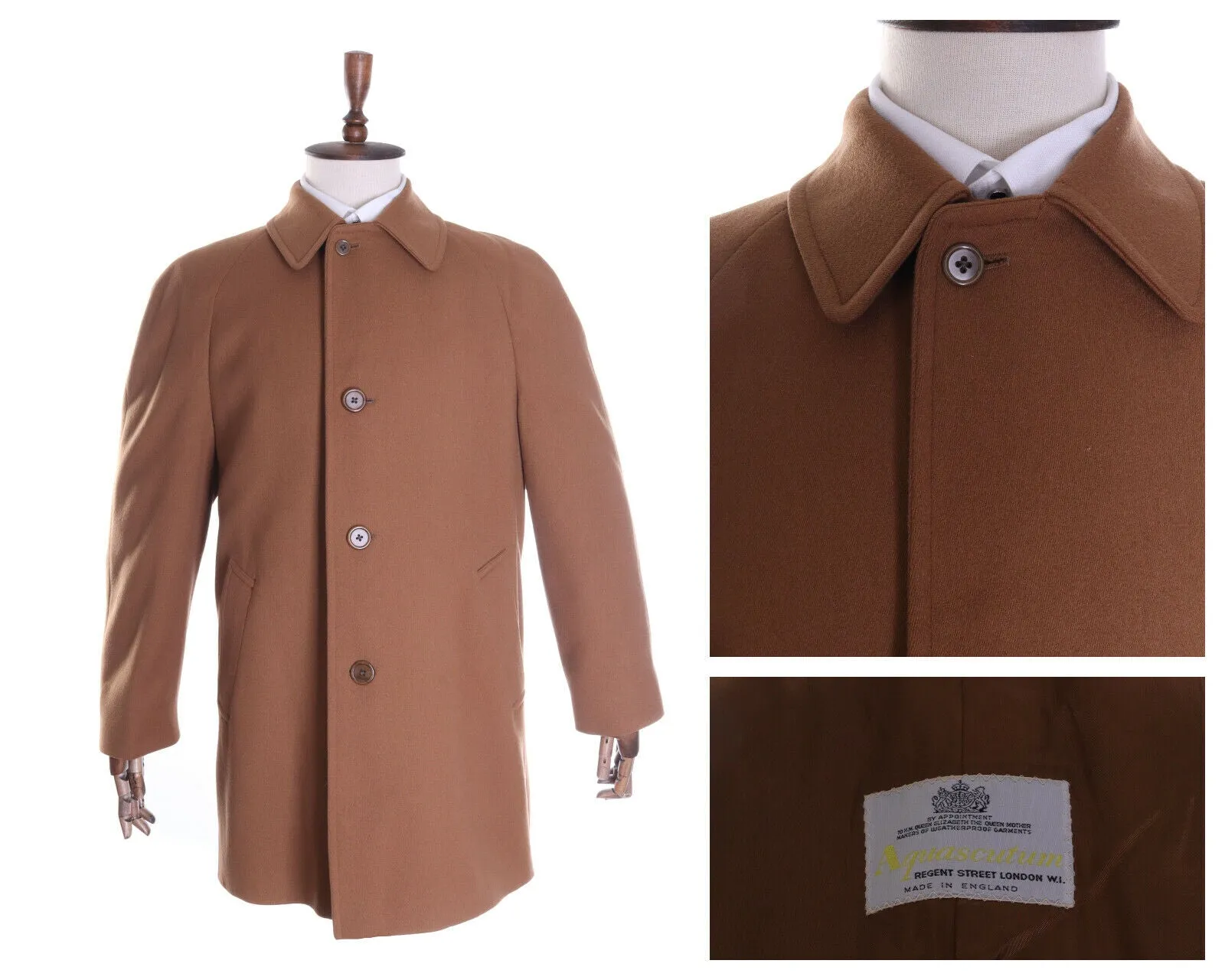 Men's AQUASCUTUM Camel 100% Wool Single-Breasted Coat Overcoat Size 42 R