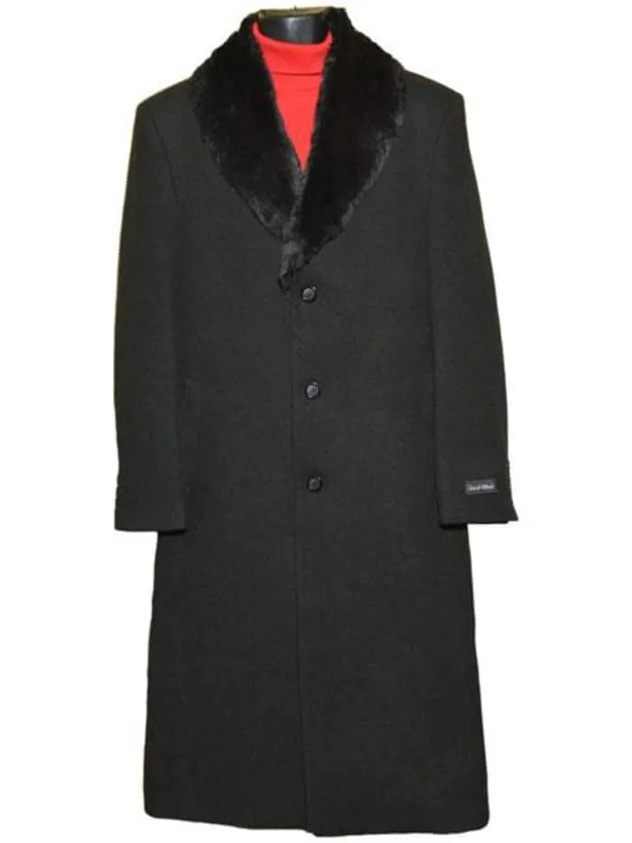 Mens Black Overcoat - Men's Fur Collar Black 3 Button Wool Ankle length Overcoat