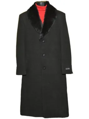 Mens Black Overcoat - Men's Fur Collar Black 3 Button Wool Ankle length Overcoat