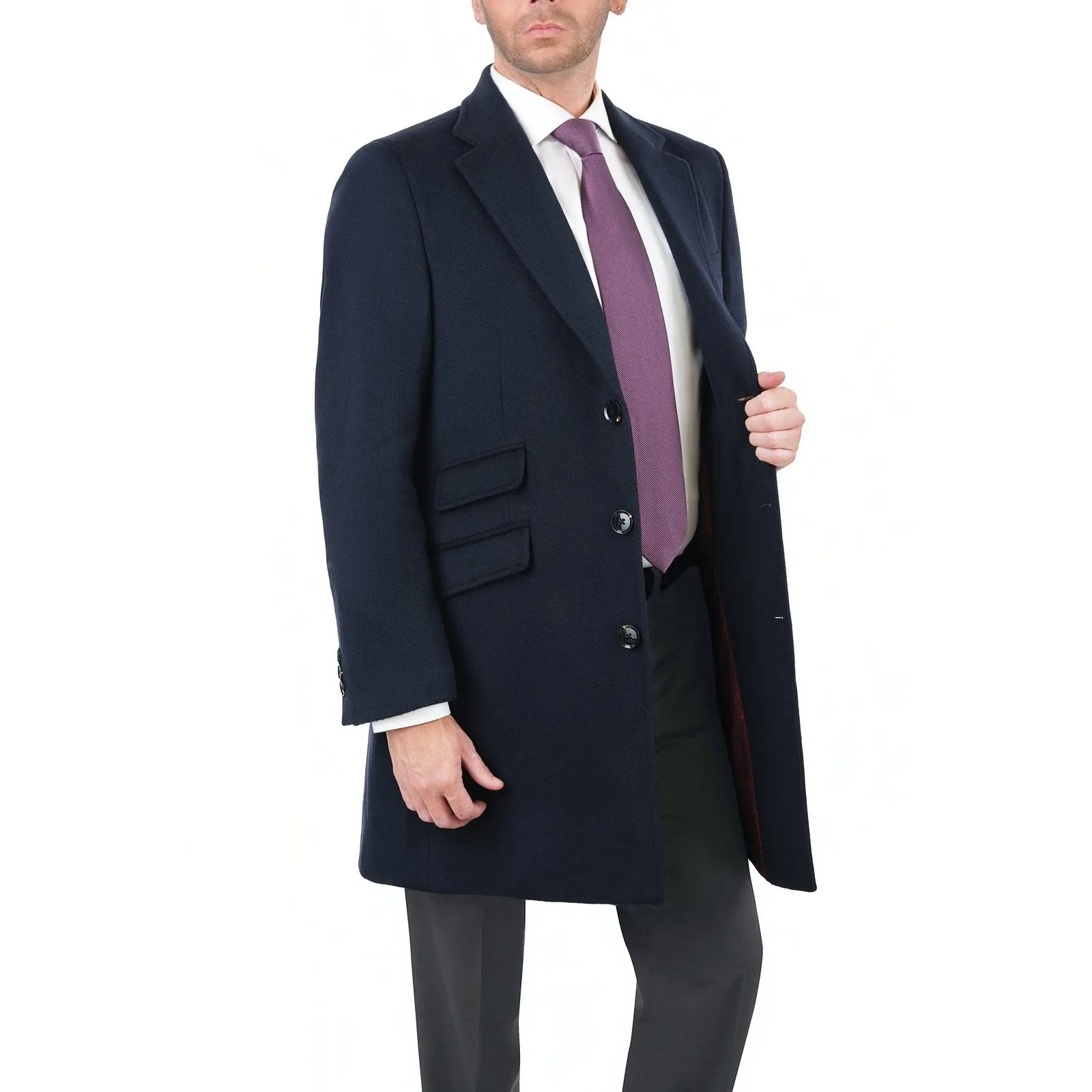 Men's Wool Cashmere Single Breasted Blue 3/4 Length Car Coat Top Coat