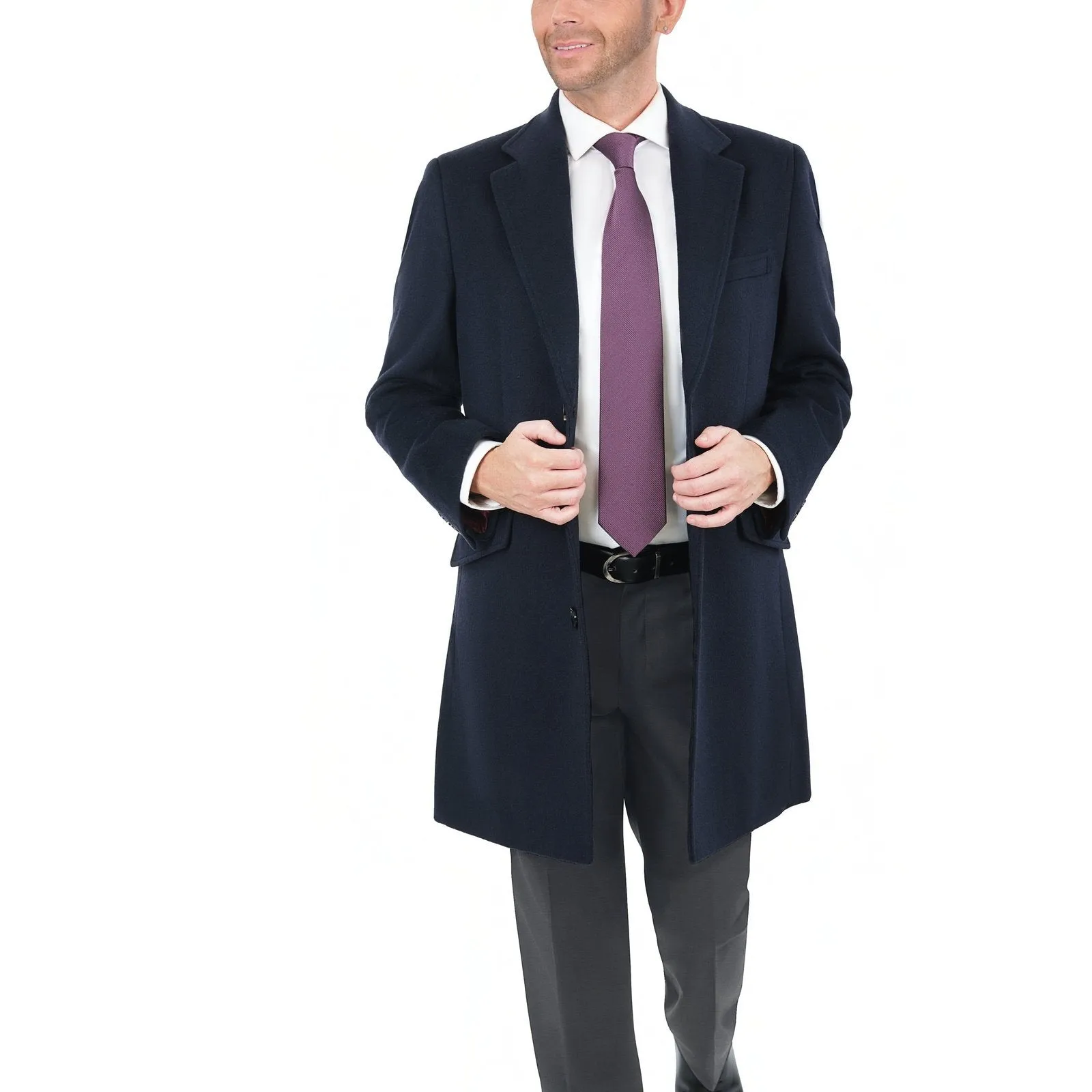 Men's Wool Cashmere Single Breasted Blue 3/4 Length Car Coat Top Coat