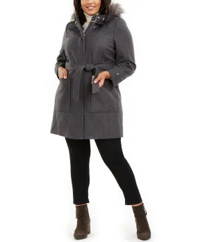 Plus Faux-Fur-Trim Hooded Belted Coat