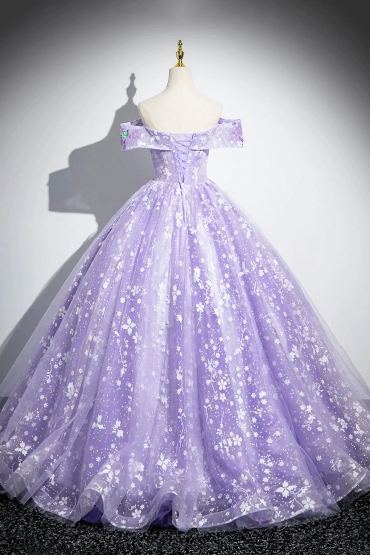 Purple Tulle Sequins Long Prom Dress with Flower, Off the Shoulder Party Dress