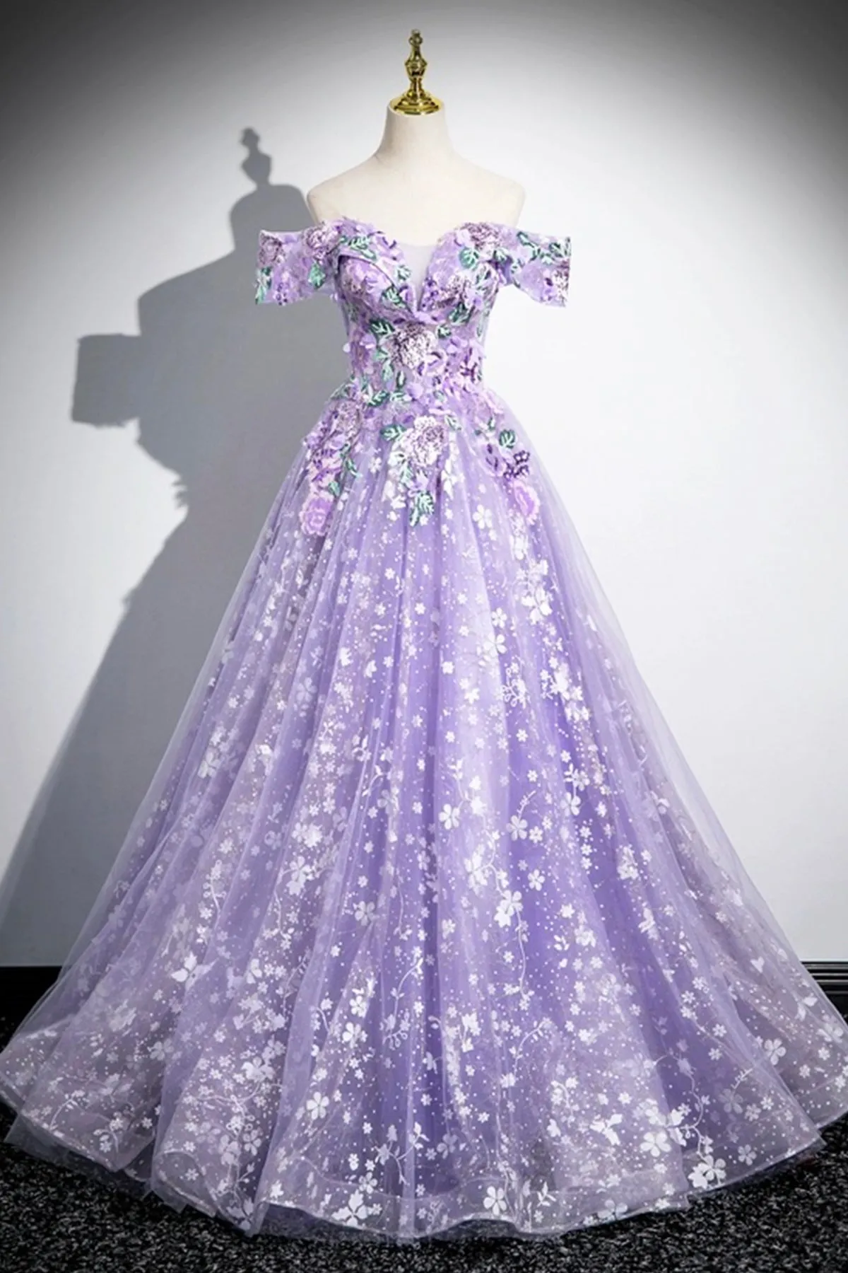 Purple Tulle Sequins Long Prom Dress with Flower, Off the Shoulder Party Dress