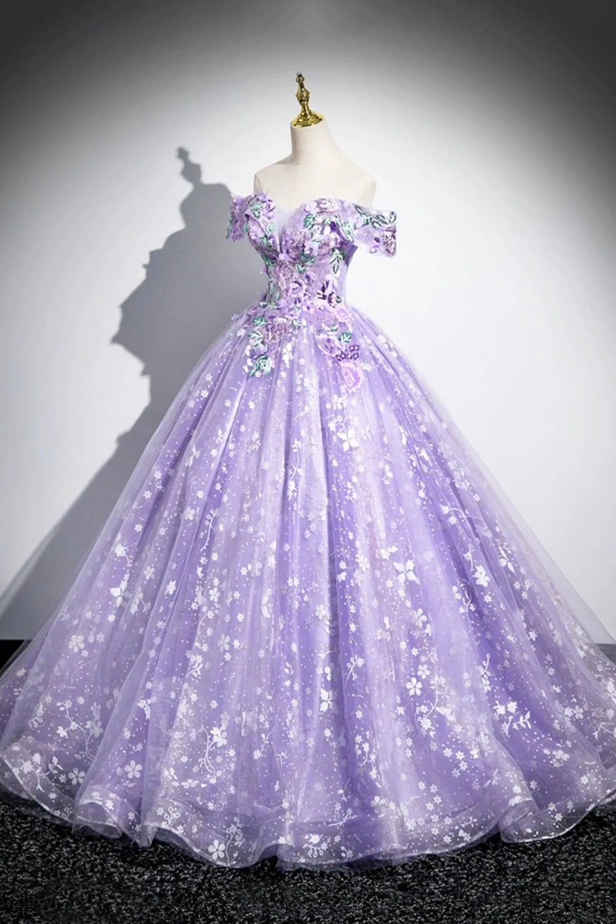 Purple Tulle Sequins Long Prom Dress with Flower, Off the Shoulder Party Dress