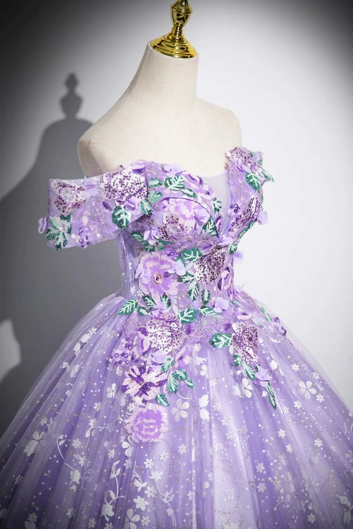 Purple Tulle Sequins Long Prom Dress with Flower, Off the Shoulder Party Dress