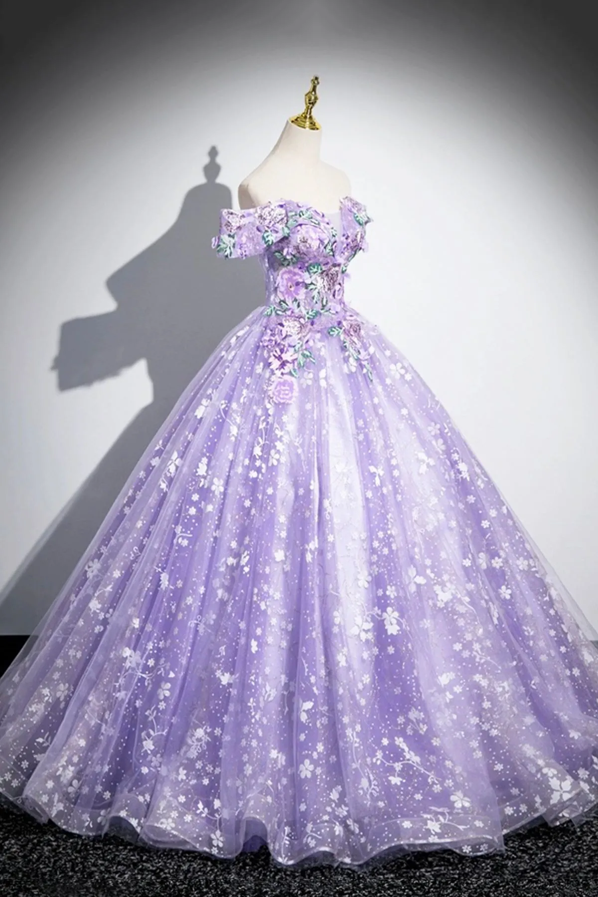 Purple Tulle Sequins Long Prom Dress with Flower, Off the Shoulder Party Dress