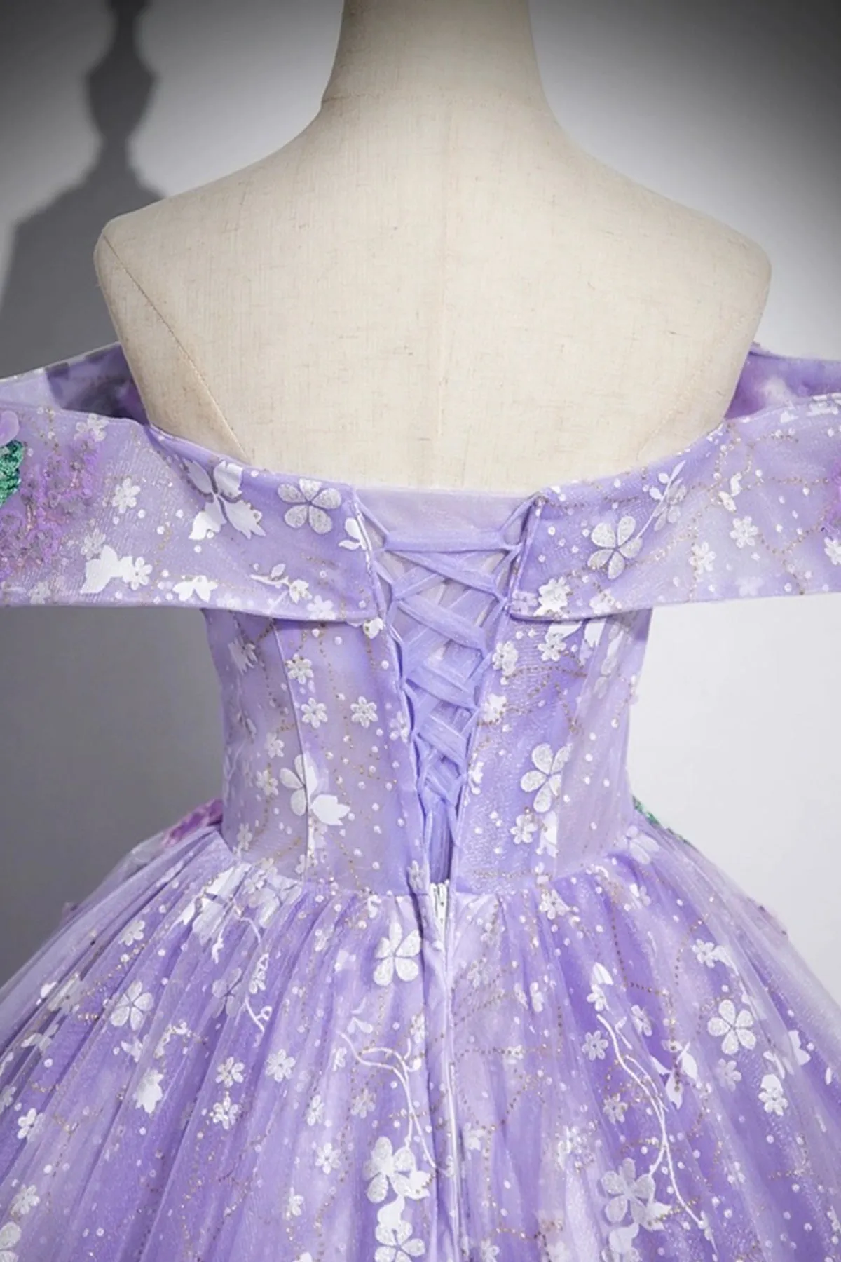 Purple Tulle Sequins Long Prom Dress with Flower, Off the Shoulder Party Dress