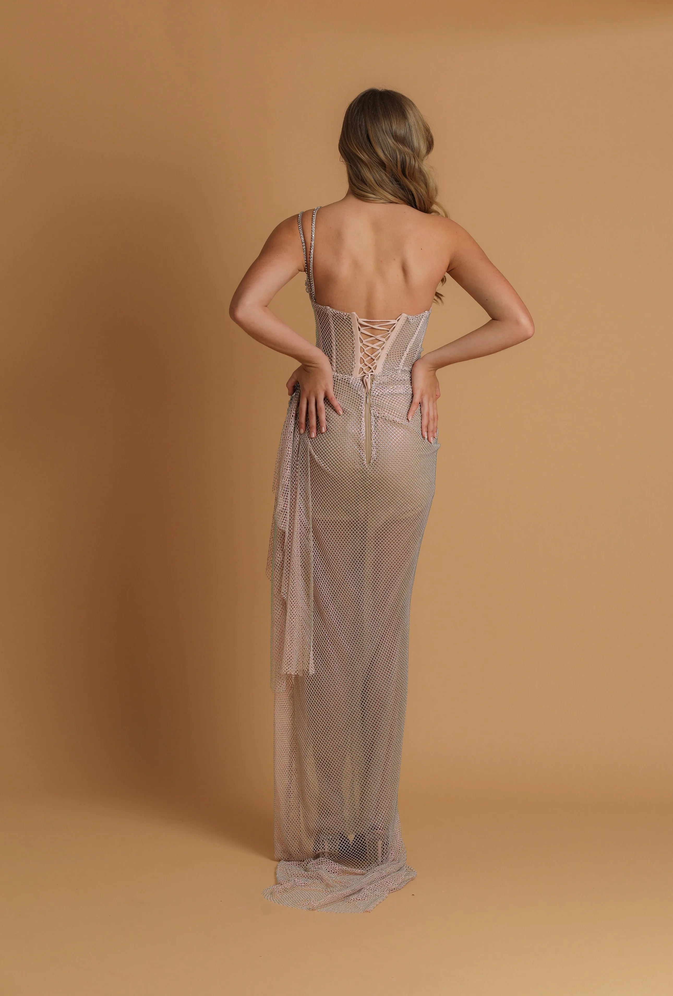 Rose pink crystal mesh straight top with crystal chain details for hire