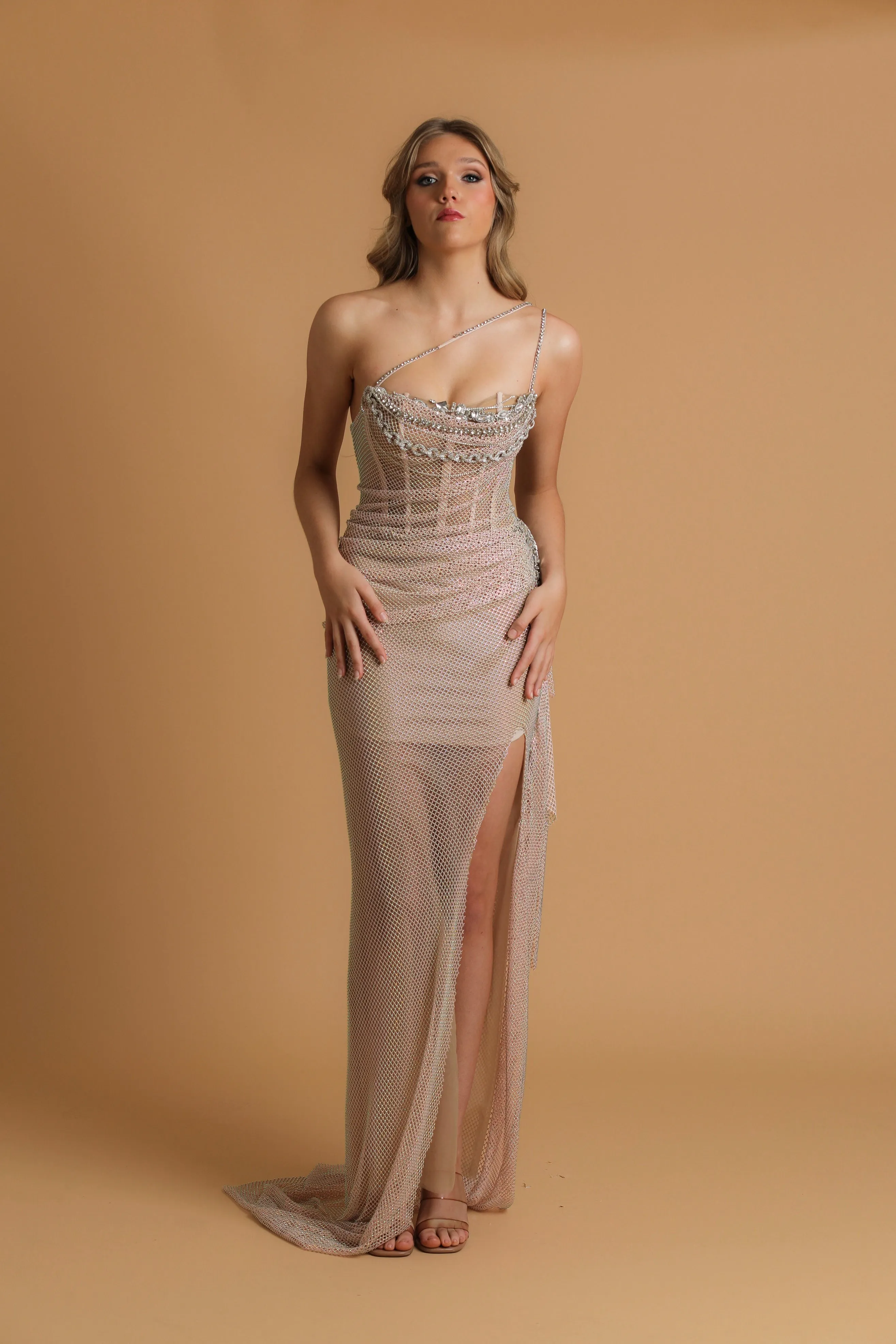 Rose pink crystal mesh straight top with crystal chain details for hire