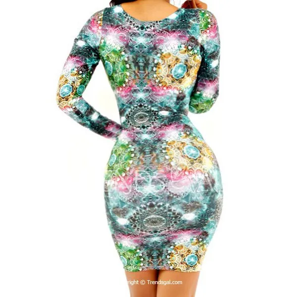 Sexy Round Neck Long Sleeve Printed Zippered Dress